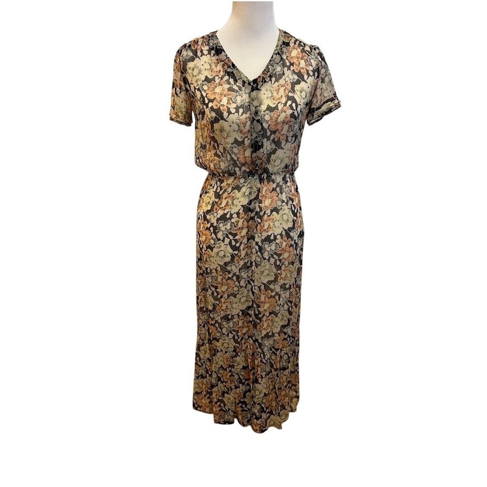 The Kooples Floral‎ Chiffon Maxi Dress Gold Metallic Stripe V-Neck Size 4
